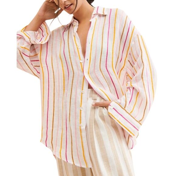 Vitamin A S Playa Oversize Linen Cover Up Shirt Striped Resort Summer Travel - Picture 1 of 9